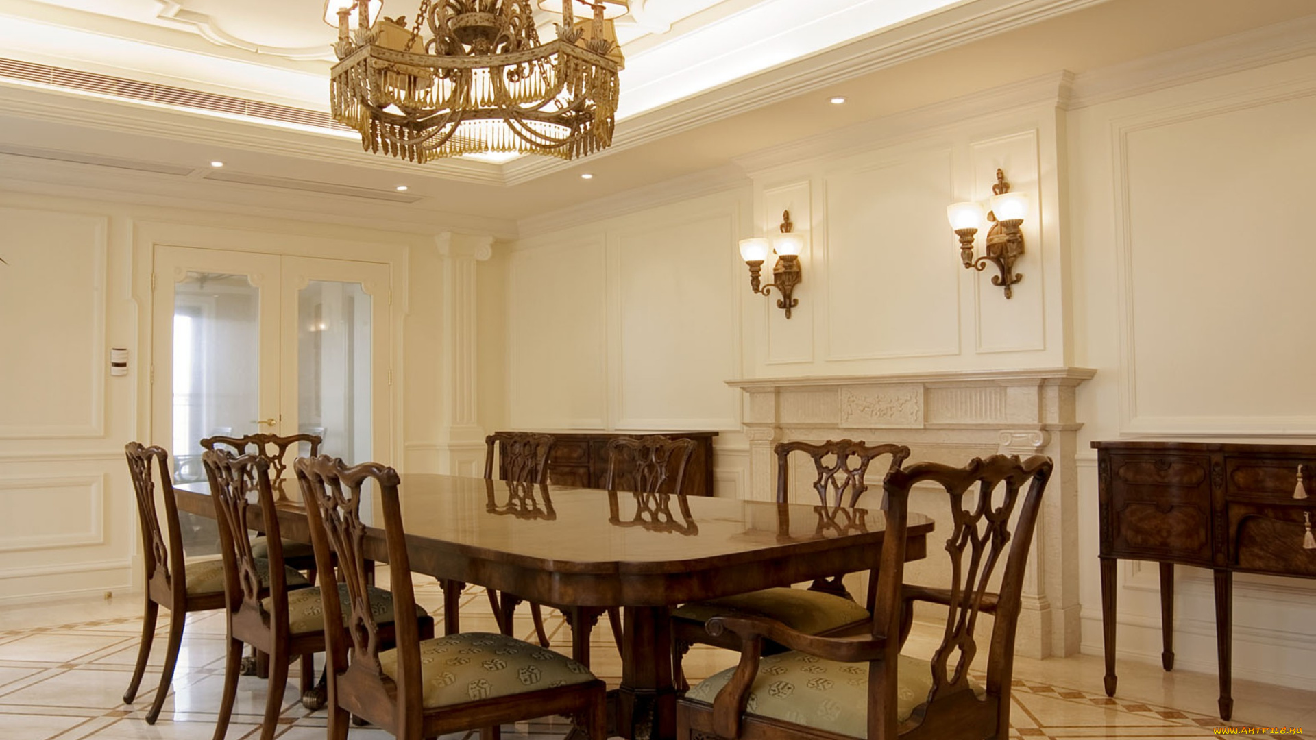 интерьер, столовая, стулья, светильники, стол