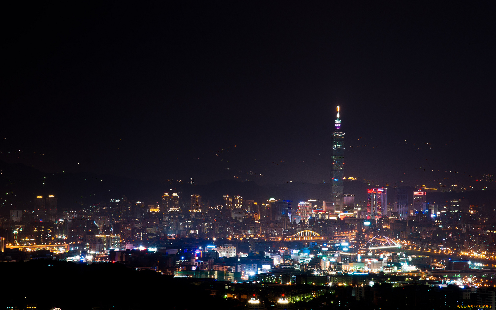 города, тайбэй, тайвань, дома, ночь, мост