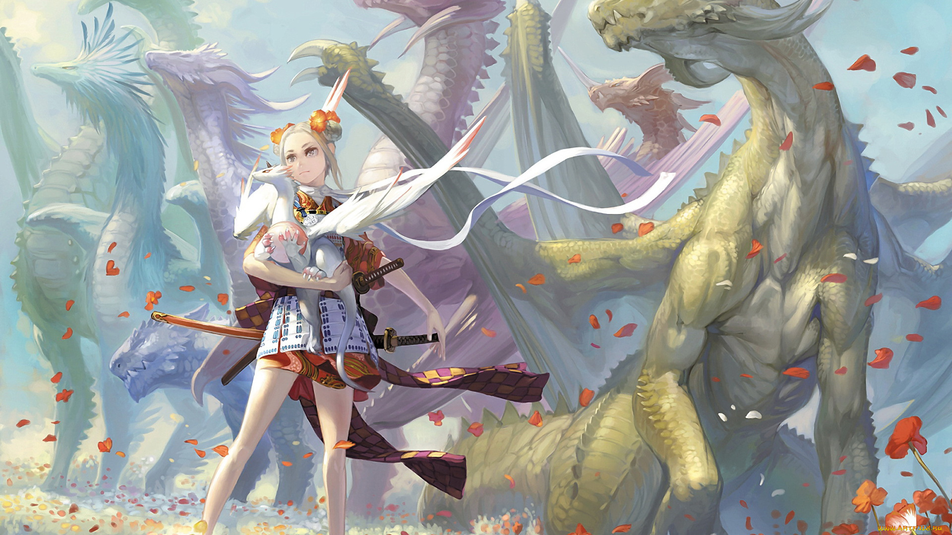 аниме, animals, девушка, драконы