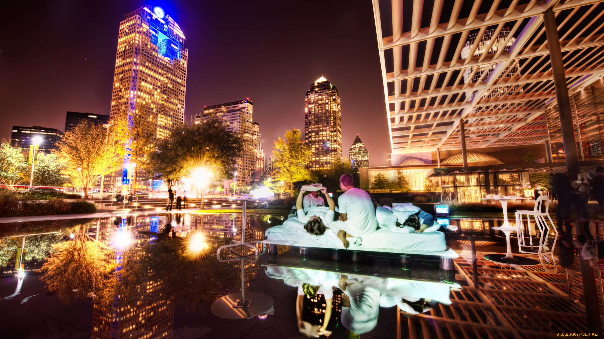 города, огни, ночного, освещение, центр, даллас