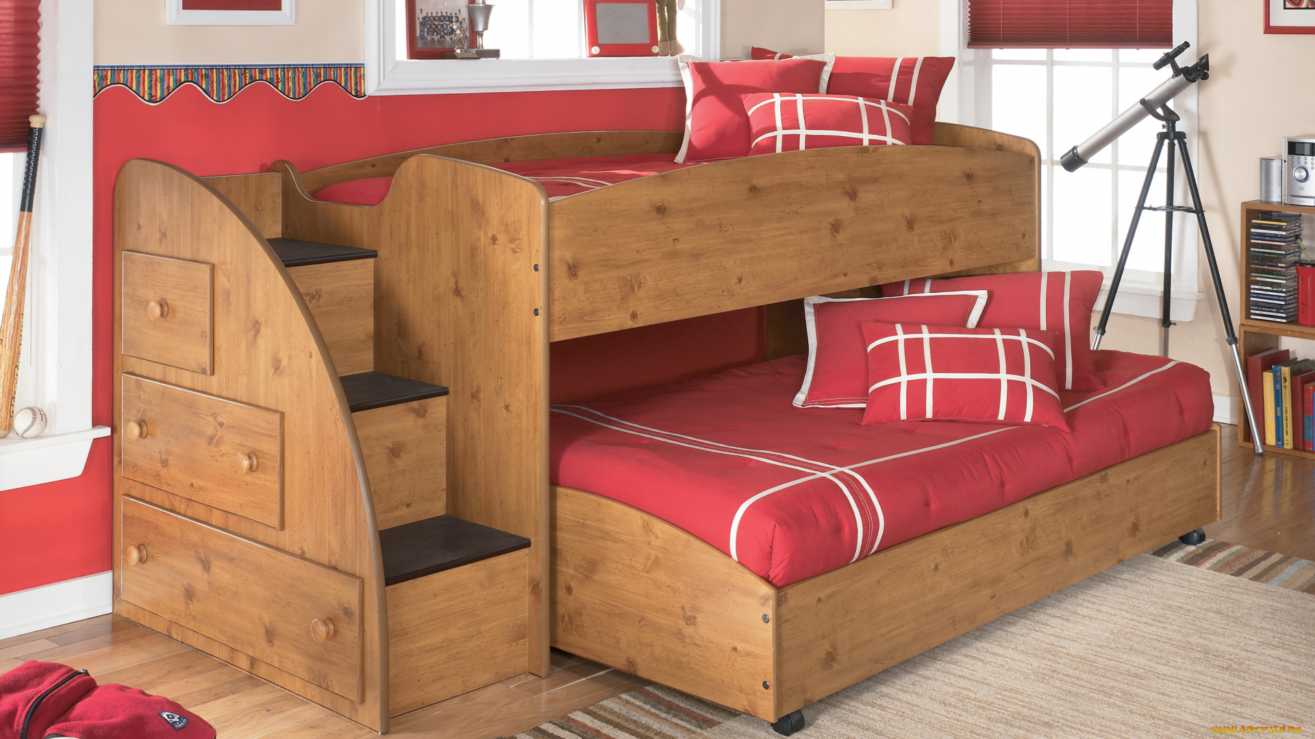 интерьер, детская, комната, лесница, коврик, кровать