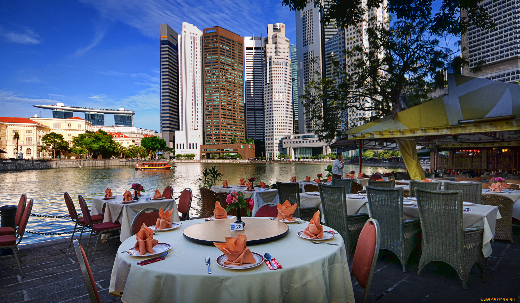 города, сингапур, река, вид