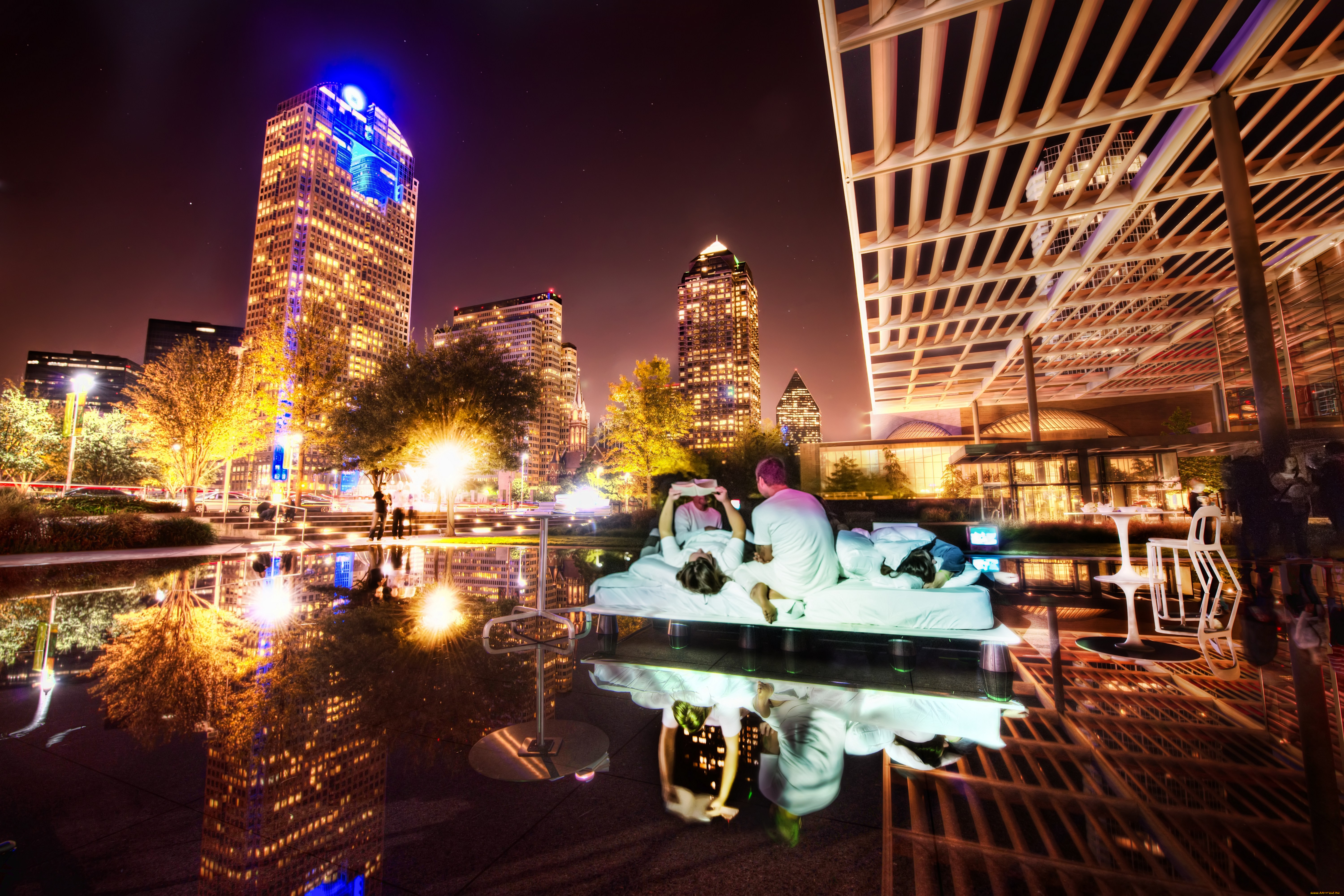 города, огни, ночного, освещение, центр, даллас