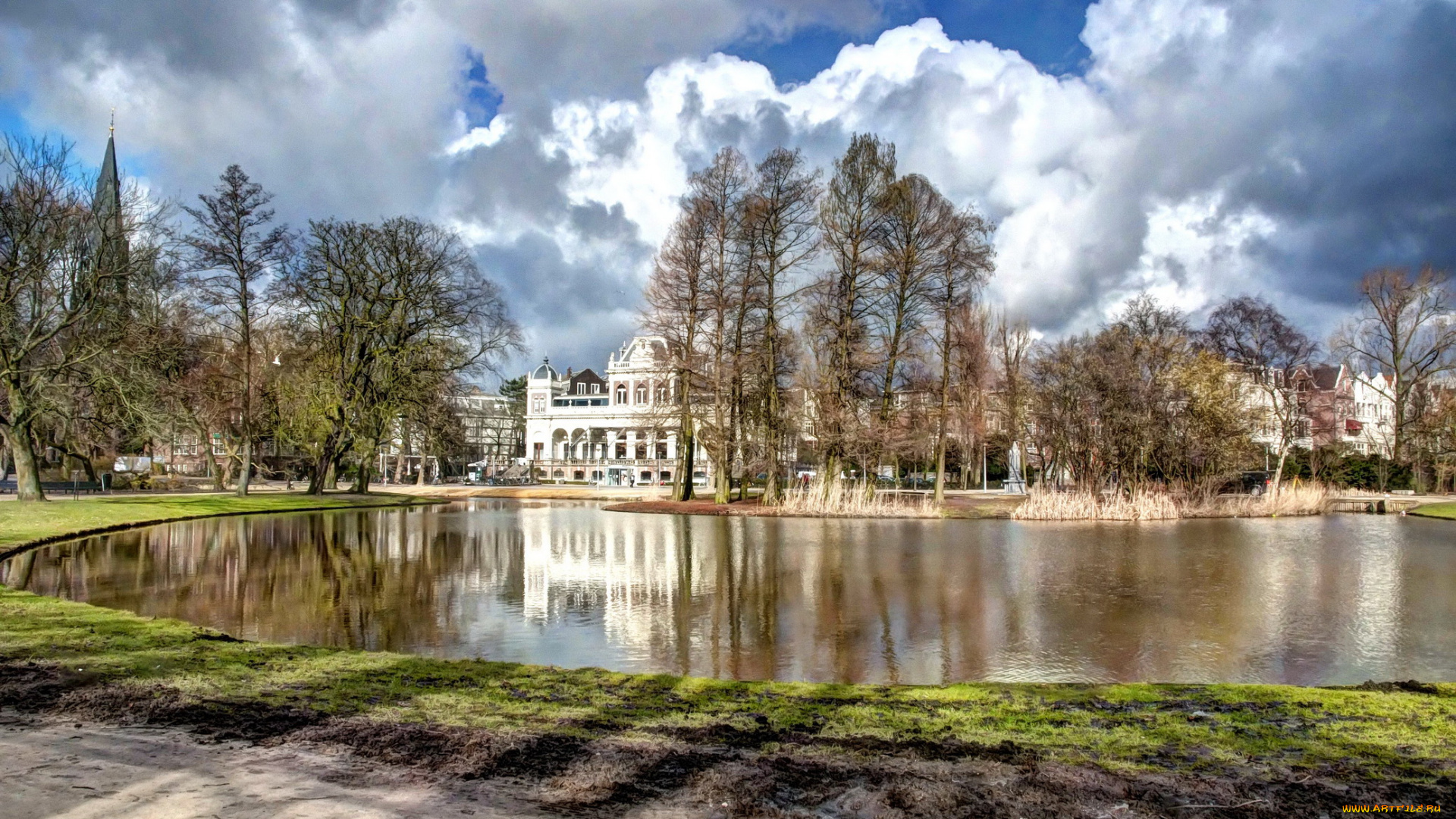 амстердам, города, нидерланды, парк, деревья, пруд, дома