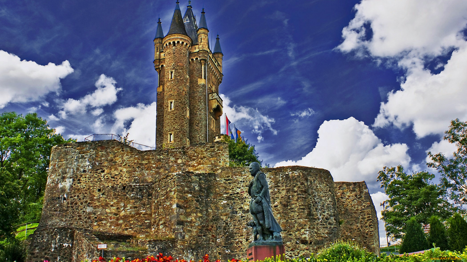 германия, гессен, города, дворцы, замки, крепости, цветы, парк, башни, шпили, замок, памятник, деревья