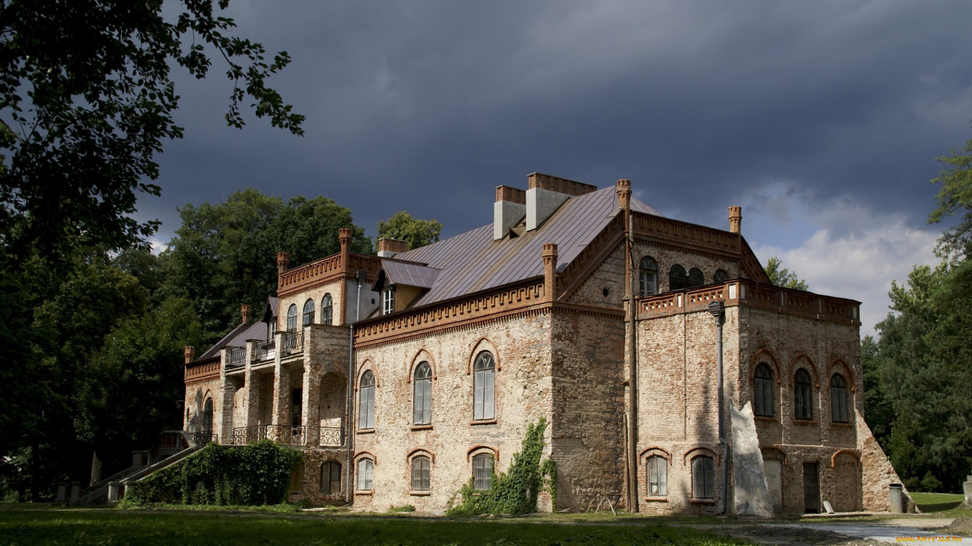 города, здания, дома, парк, старинный, особняк, деревья, трава