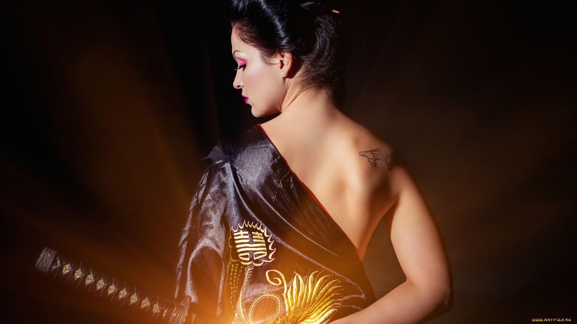 девушки, -unsort, , девушки, с, оружием, япония, профиль, девушка, кимоно, оружие, спина