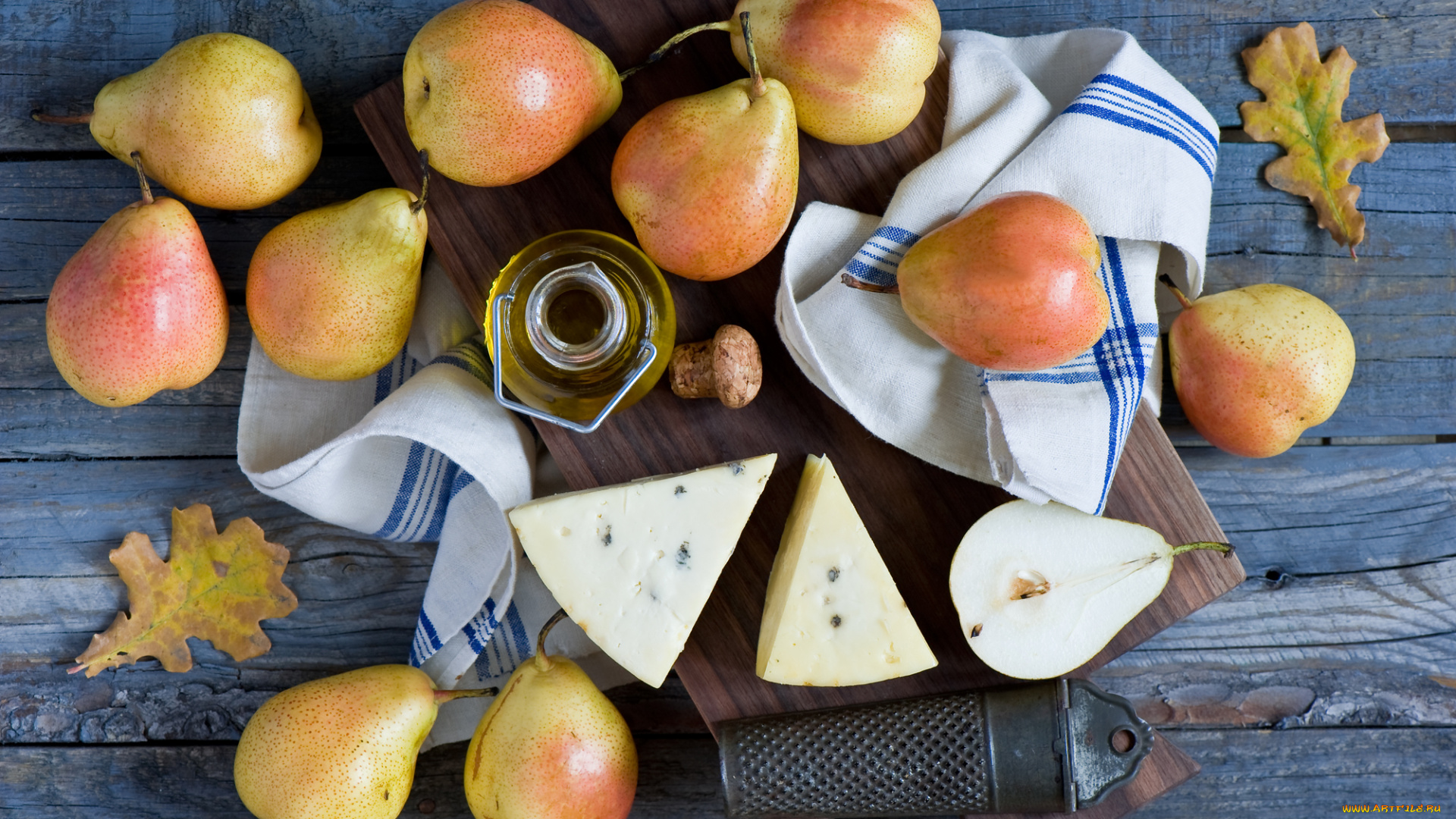 еда, разное, фрукты, груши, листья, масло, сыр, натюрморт, осень, доска