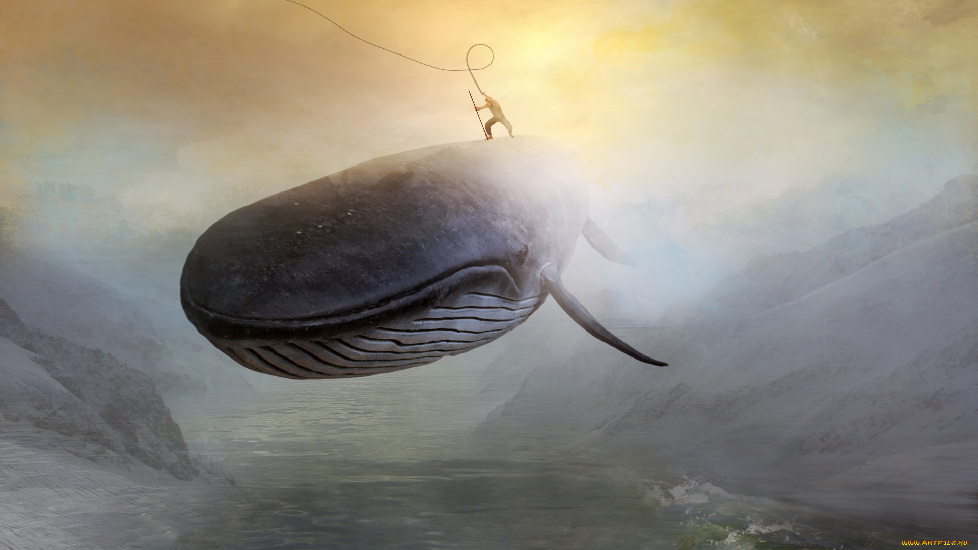 фэнтези, люди, иной, мир, кит, наездник, горы, пролив