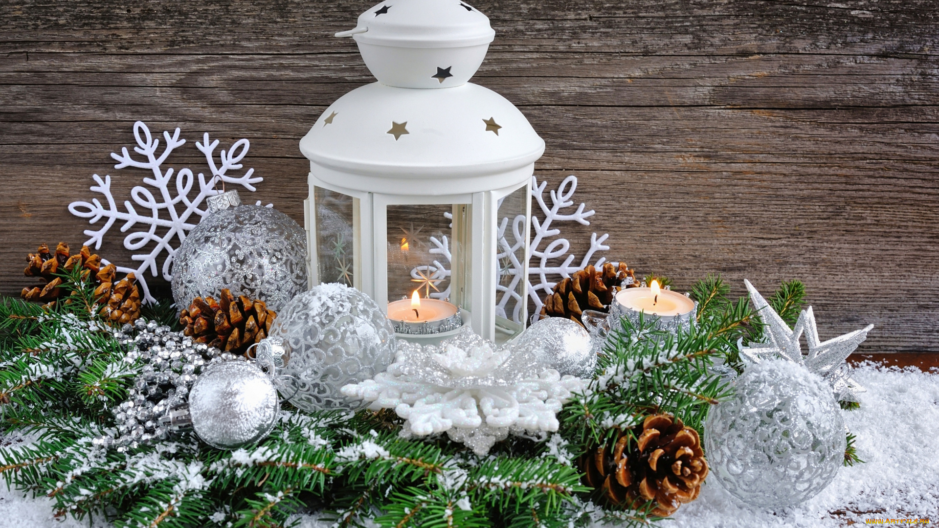 праздничные, -, разное, , новый, год, декорация, композиция, снежинки, шарики, шишки, фонарь, еловые, ветки