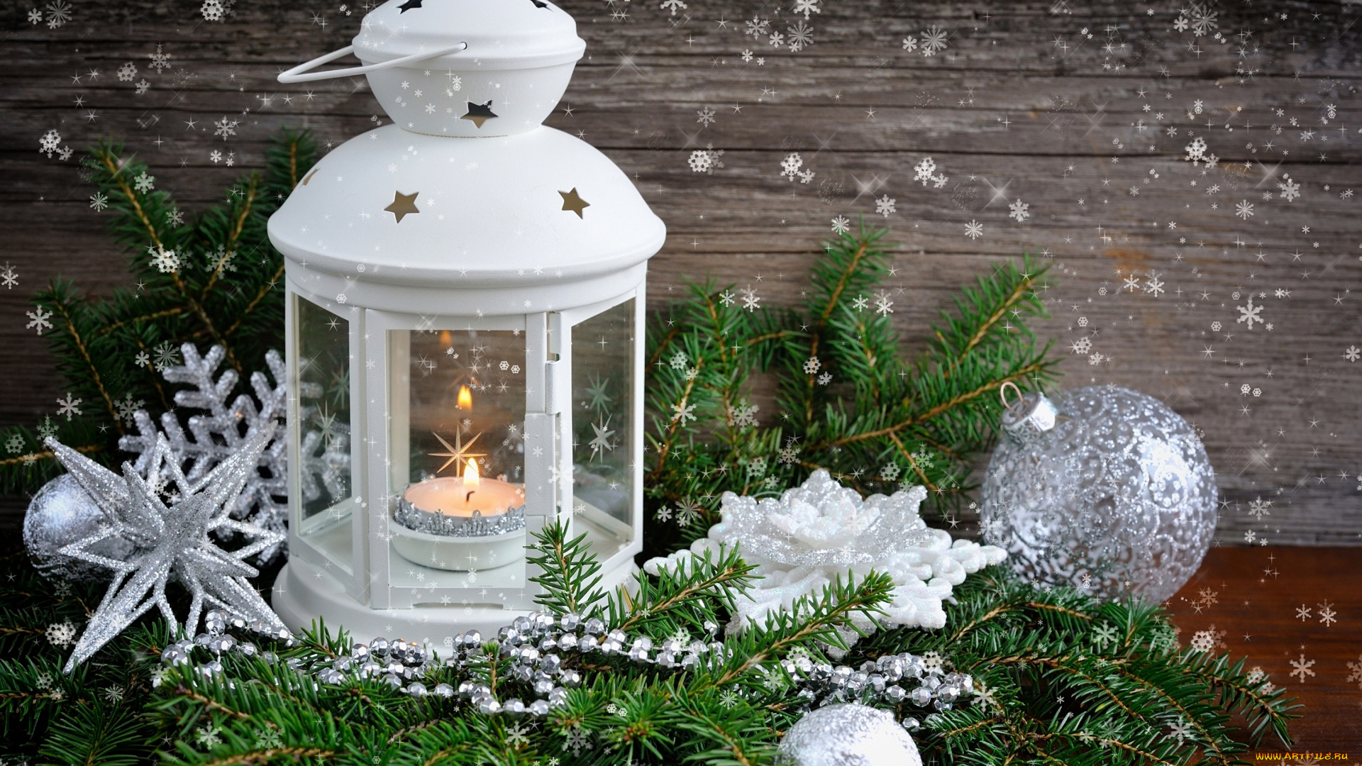 праздничные, -, разное, , новый, год, еловые, ветки, декорация, композиция, снежинки, шарики, украшения, фонарь