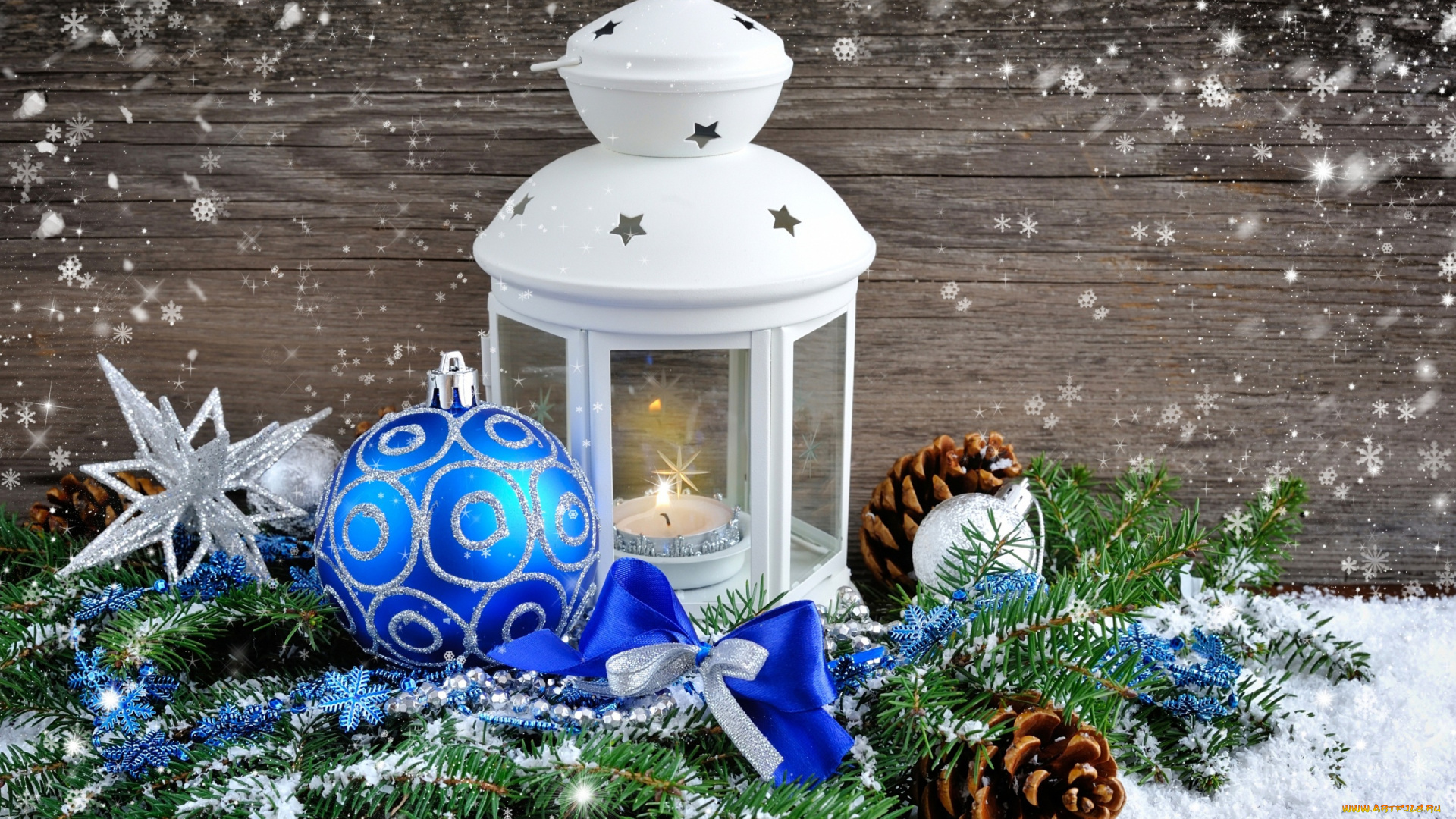 праздничные, -, разное, , новый, год, композиция, декорация, украшения, снежинки, шарики, мишура, фонарь, еловые, ветки