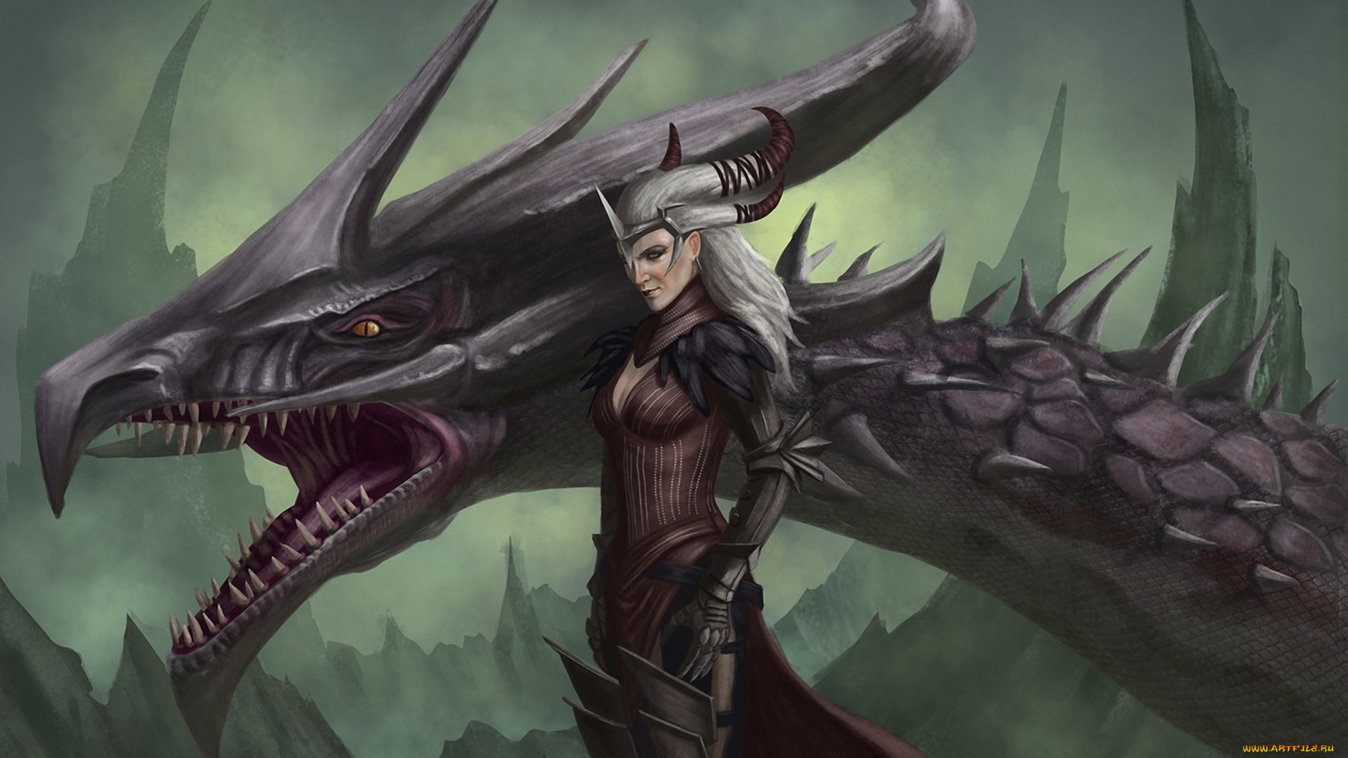 видео, игры, dragon, age, флемет, flemeth, голова, дракон, ведьма, dragon, age, арт, скалы