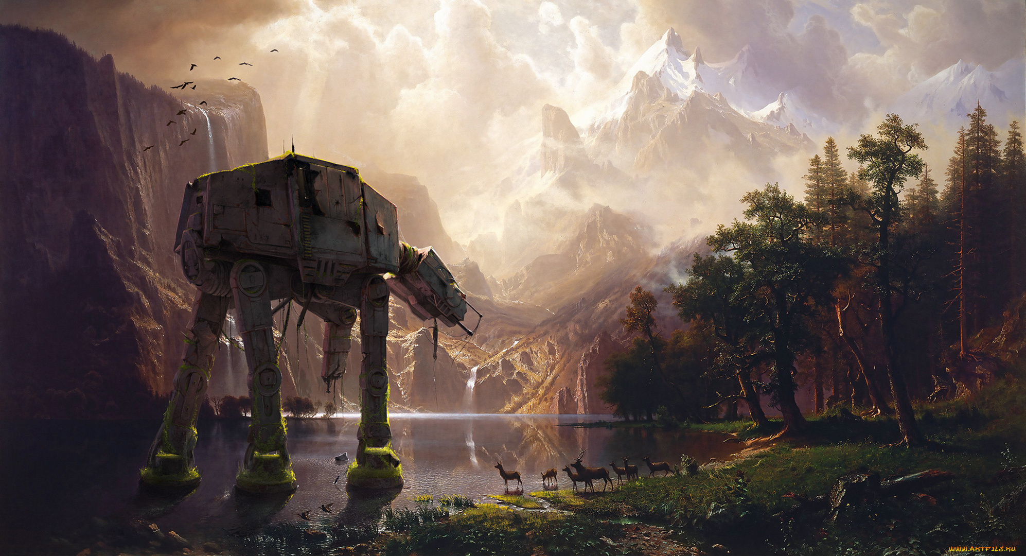 фэнтези, роботы, , киборги, , механизмы, горы, лес, робот, гигант, озеро, олени