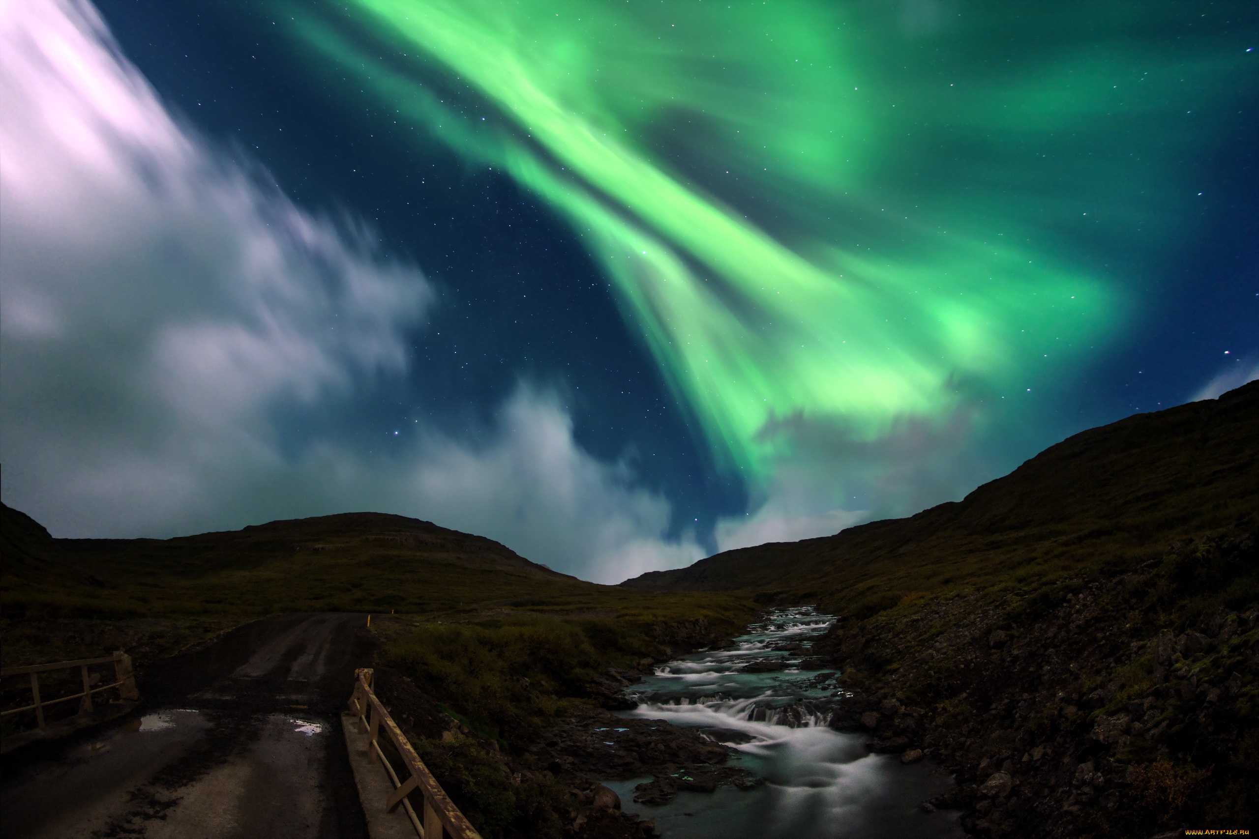 природа, северное, сияние, сияние, река, ночь, мост, северное, пейзаж