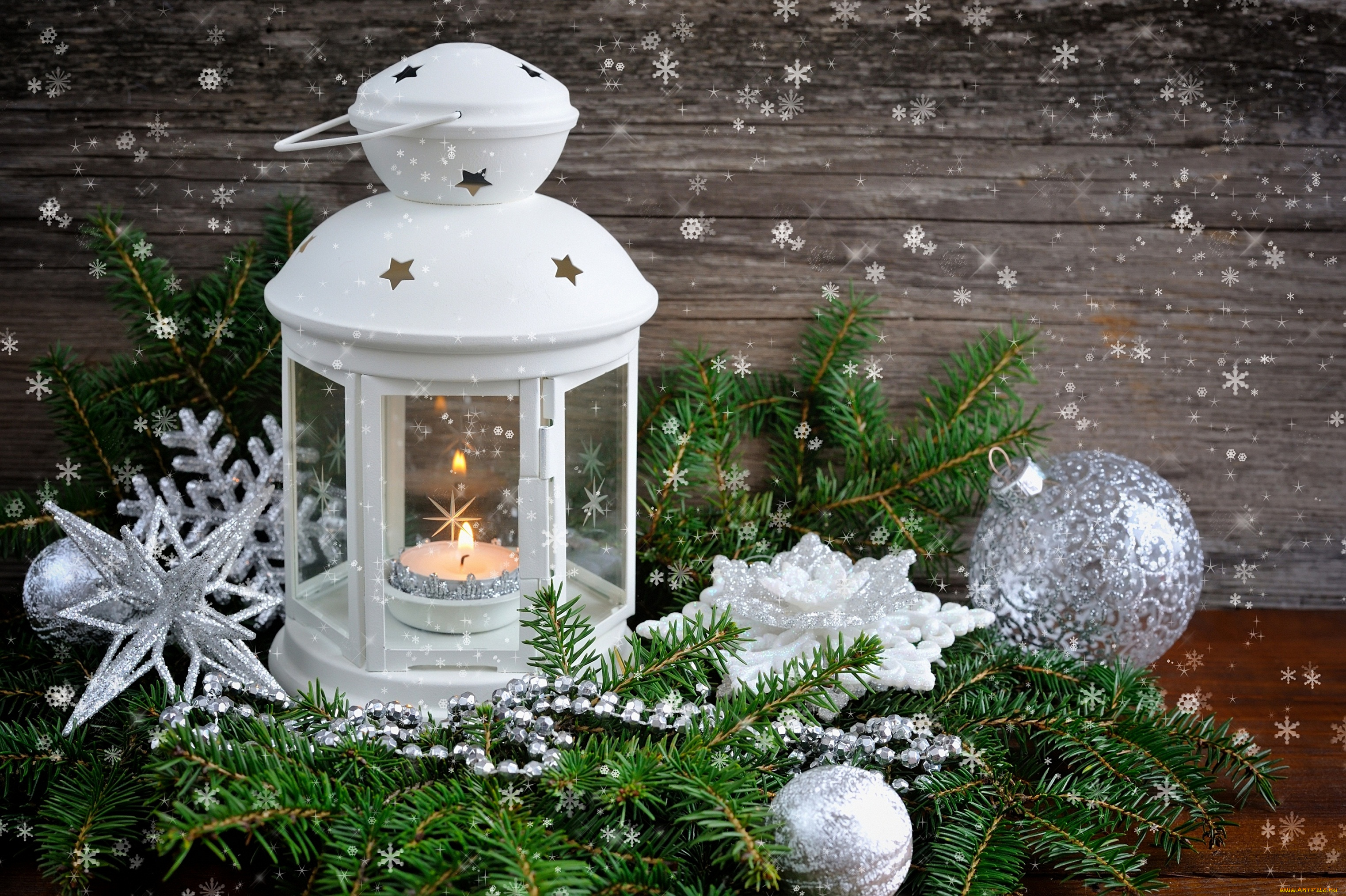 праздничные, -, разное, , новый, год, еловые, ветки, декорация, композиция, снежинки, шарики, украшения, фонарь