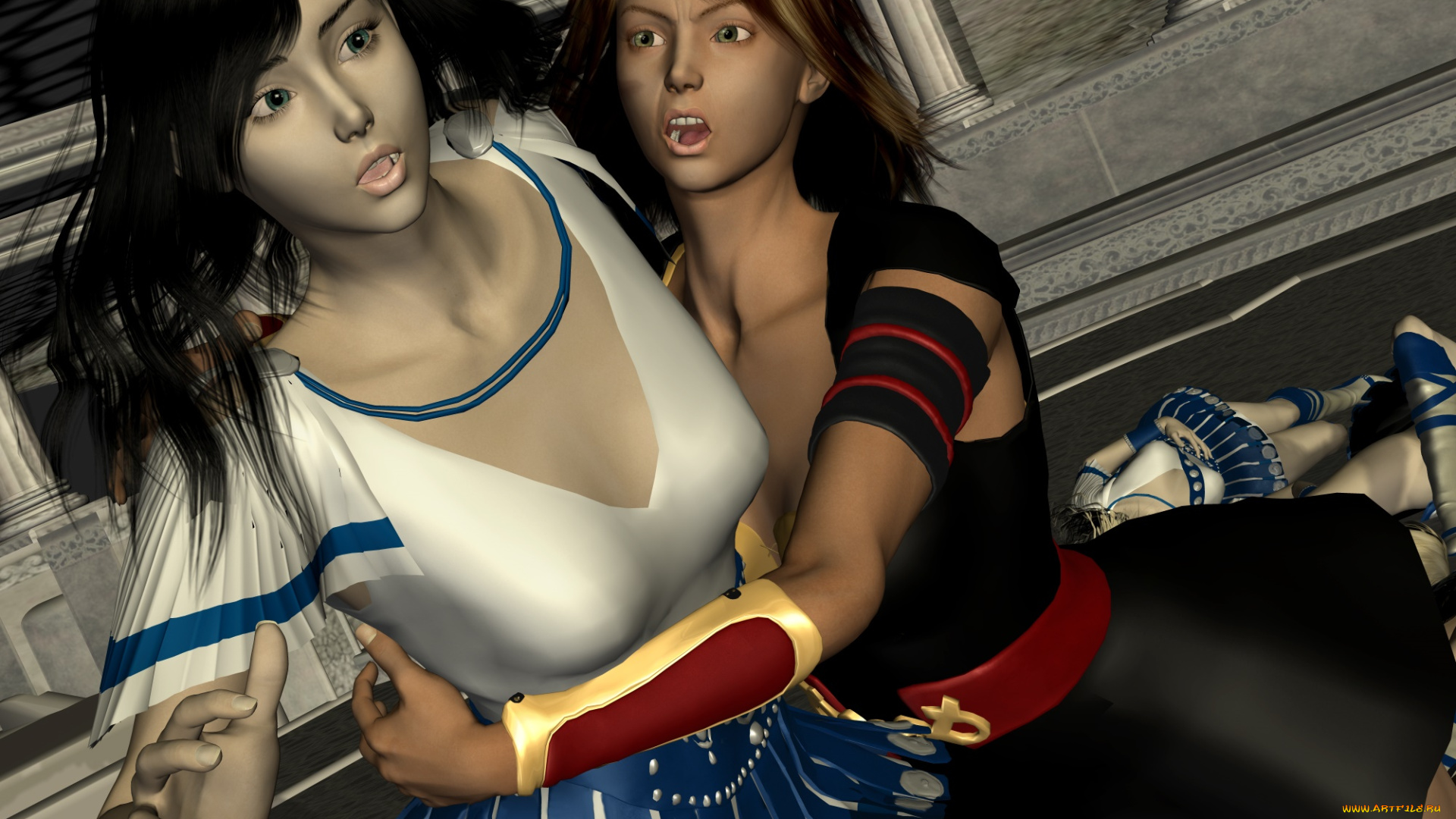 3д, графика, фантазия, , fantasy, драка, фон, девушки, взгляд