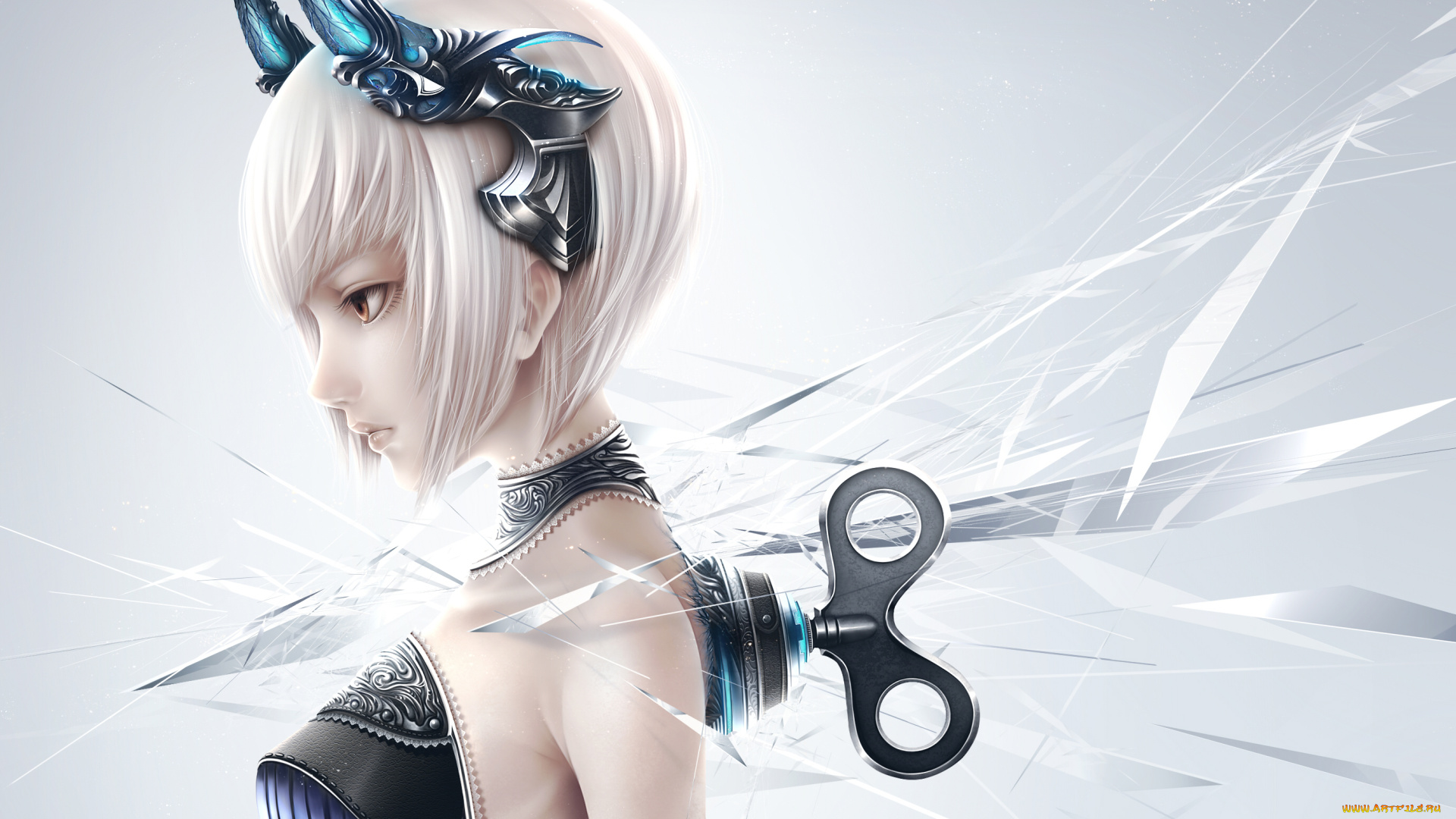 аниме, ангелы, , демоны, арт, bouno, satoshi, девушка, рога, механизм, заводной, ключ, осколки