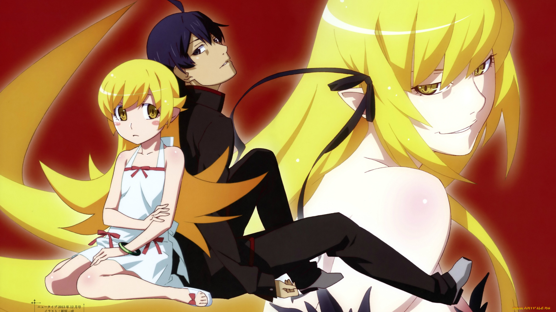 аниме, bakemonogatari, shinobu, oshino, трое, длинные, волосы, tsubasa, hanekawa, koyomi, araragi, art, бант, сарафан, истории, чудовищ, kazunari, niigaki