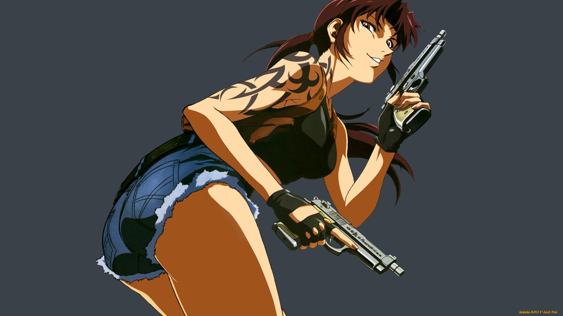 аниме, black, lagoon, тату, шорты, пистолет, revy, пираты, черной, лагуны, black, lagoon