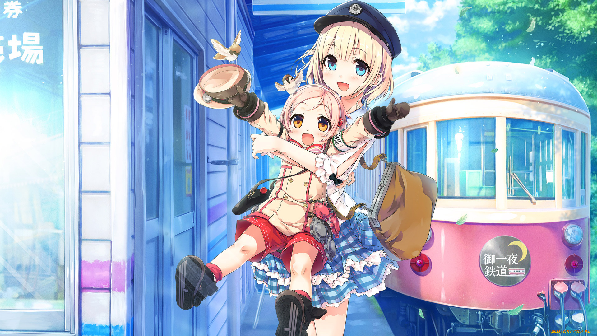 аниме, город, , улицы, , здания, птицы, арт, cura, поезд, девочки