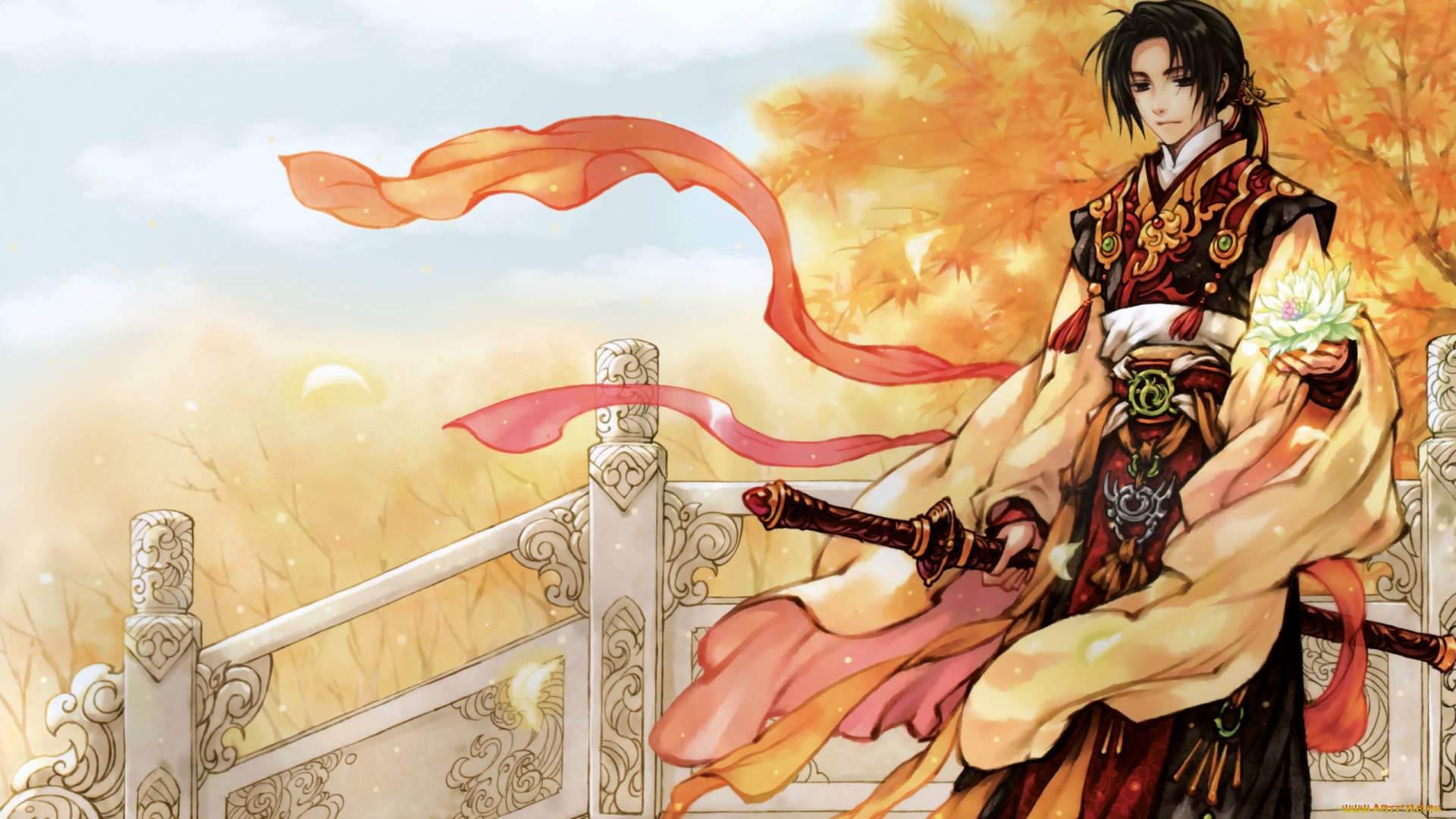 аниме, hetalia, , axis, powers, парень, art, hidekaz, himaruya, china, небо, axis, powers, перила, ветер, шарф, деревья, меч, украшения