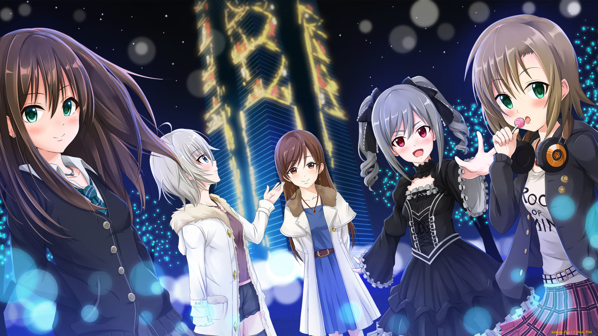 аниме, idolm@ster, ночь, shibuya, rin, nitta, minami, kanzaki, ranko, город, девушки, огни, арт, tekku, 07201115, tada, riina, idolmaster, cinderella, girls, anastasia