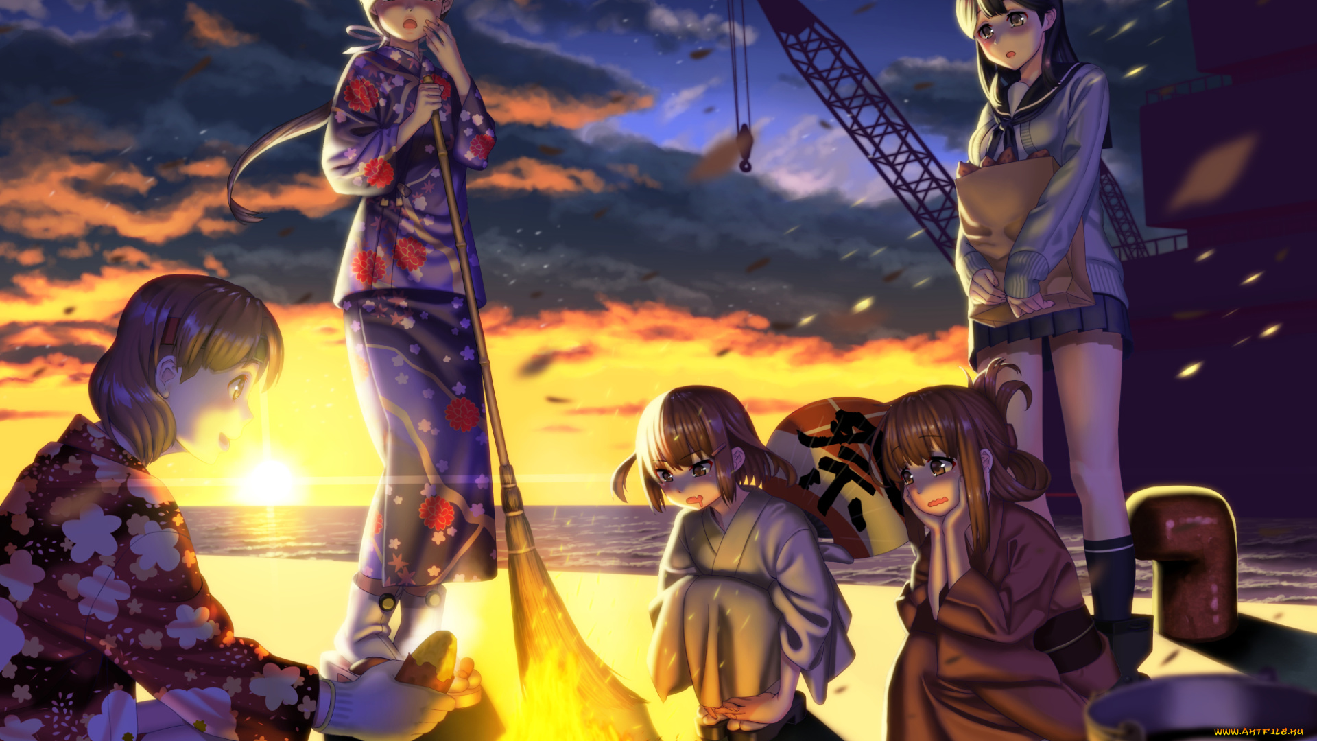 аниме, kantai, collection, солнце, закат, inazuma, ikazuchi, chiyoda, вечер, костёр, девушки, арт, misumi, niku-kyu, ushio, море, kancolle, kantai, collection, кран, chitose