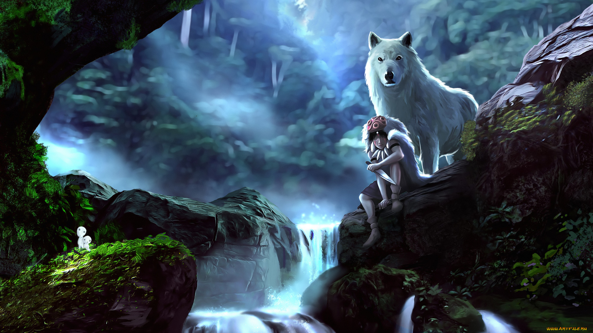 аниме, mononoke, hime, princess, mononoke, девушка, лес, волк, камни, art