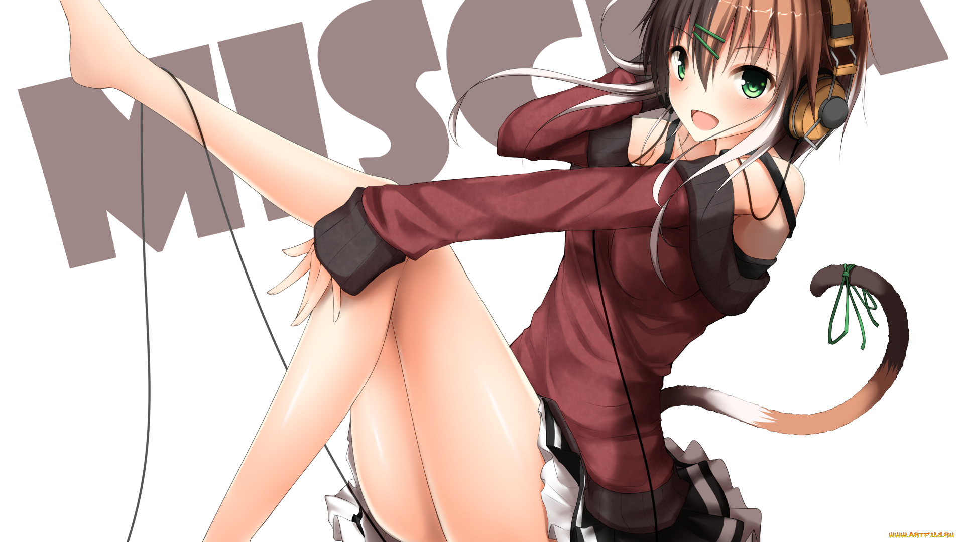 аниме, музыка, наушники, хвост, фон, взгляд, девушка, животные, кошка, лента, провод, ушки