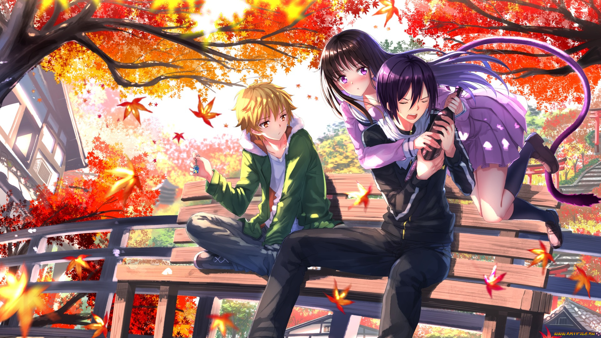 аниме, noragami, iki, hiyori, юкине, Ято, бутылка, осень, хиори, арт, бездомный, бог, деревья, скамья, yukine, дом, yato, swordsouls