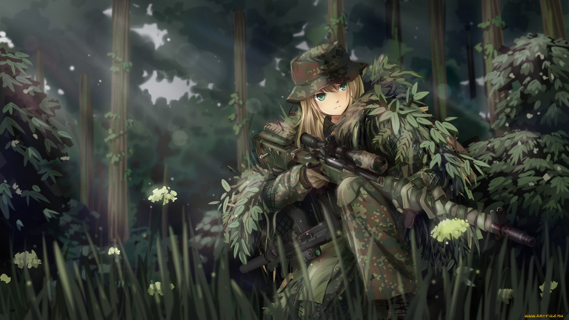 аниме, оружие, , техника, , технологии, art, tc1995, девушка, камуфляж, солдат, снайпер, лес