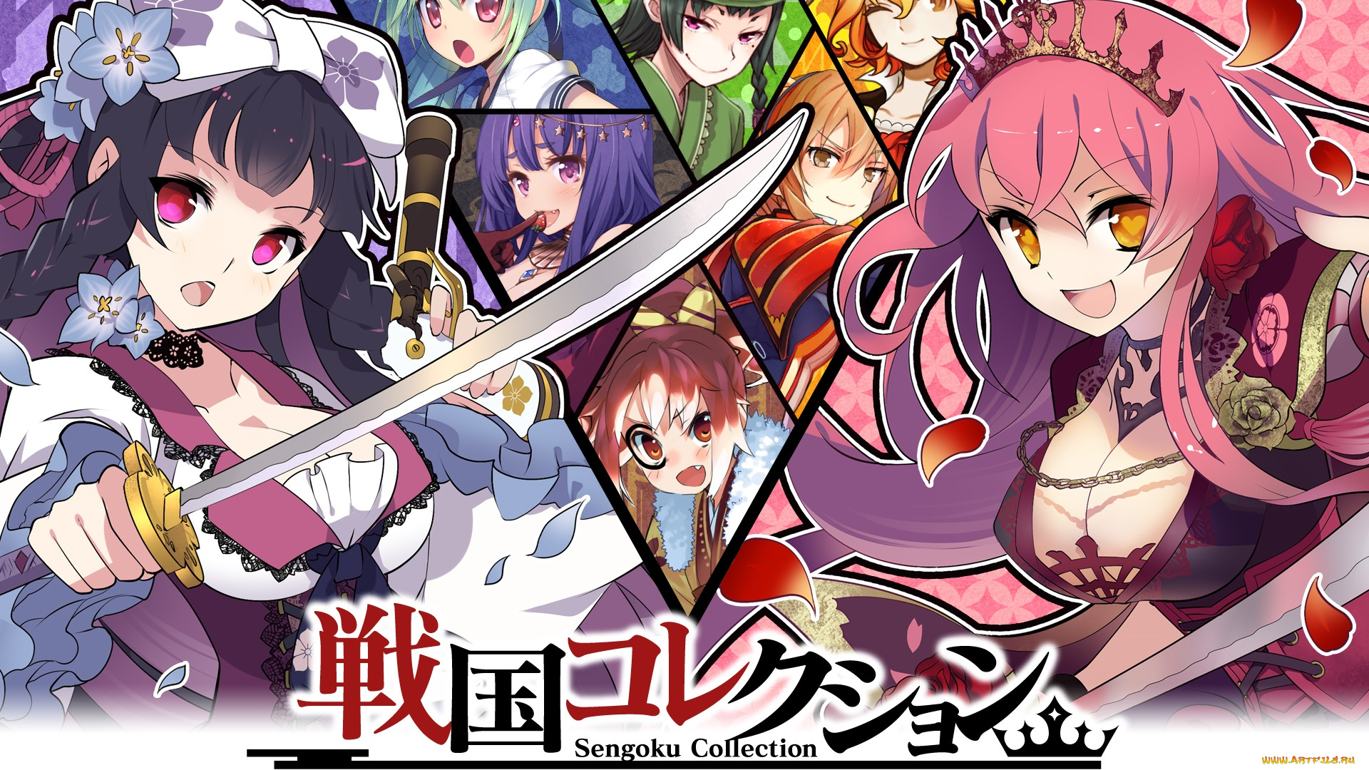 аниме, оружие, , техника, , технологии, девушки, взгляд, цветы, меч, фон