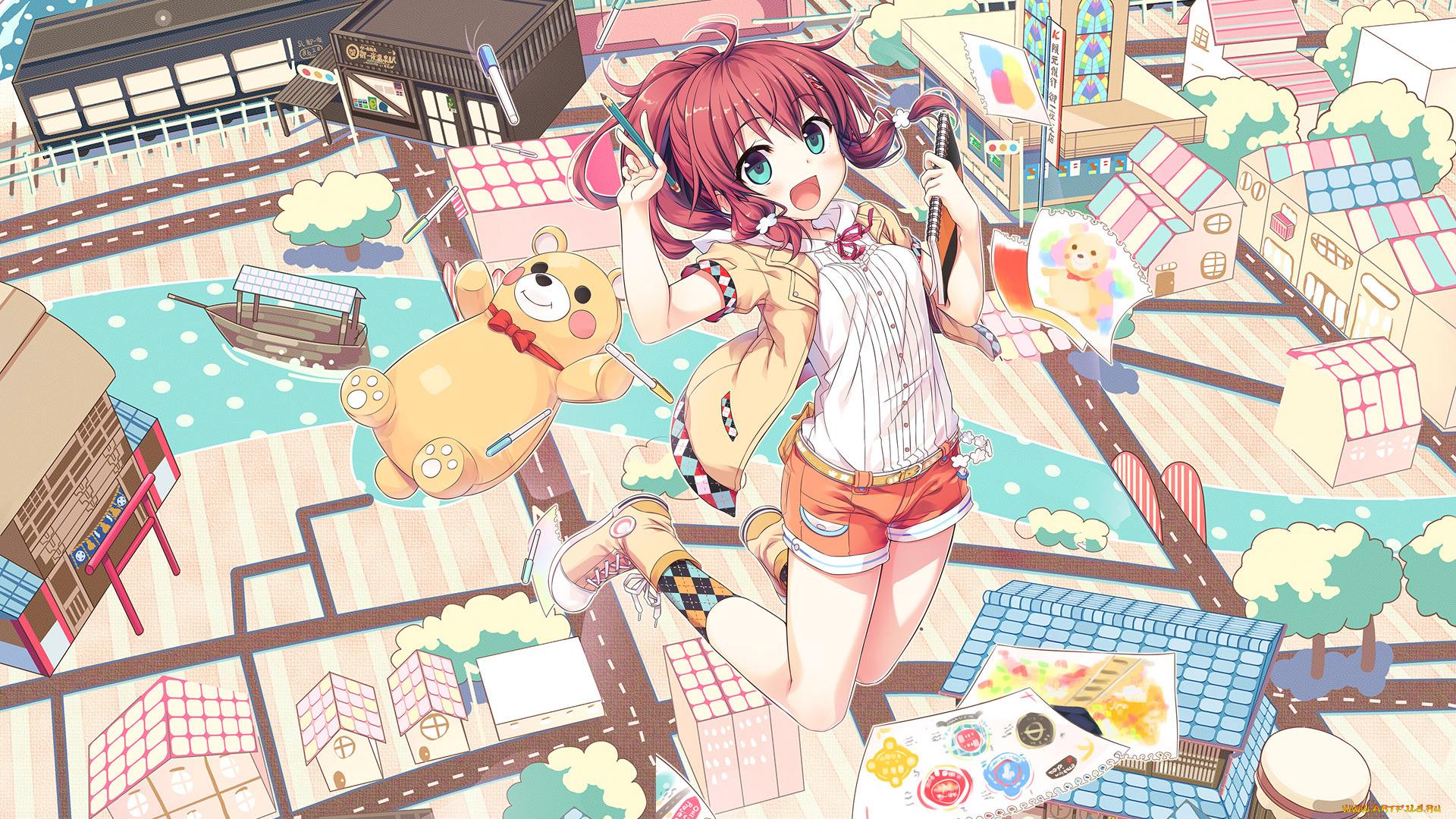 аниме, unknown, , другое, арт, медвежонок, cura, фломастеры, макет, город, домики, девочка