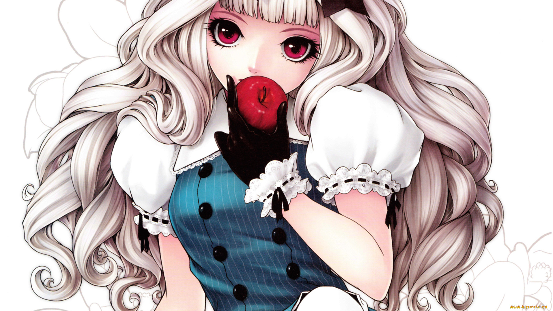 аниме, unknown, , другое, бант, яблоко, волосы, фон, взгляд, девушка
