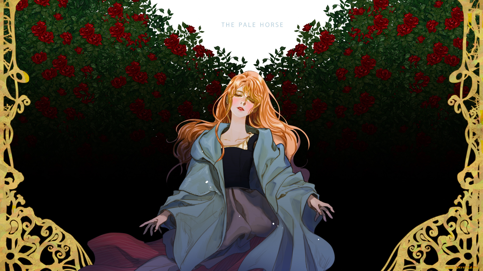 аниме, unknown, , другое, the, pale, horse, choo, haeyun, art, румянец, рамка, розы, кусты, рыжая