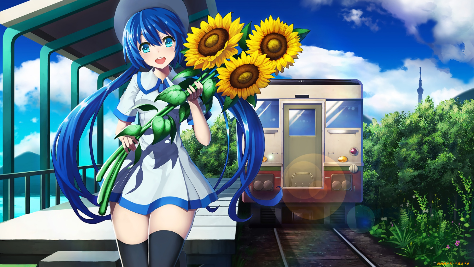 аниме, vocaloid, арт, поезд, подсолнухи, defiaz, infinity, hatsune, miku, цветы, девушка