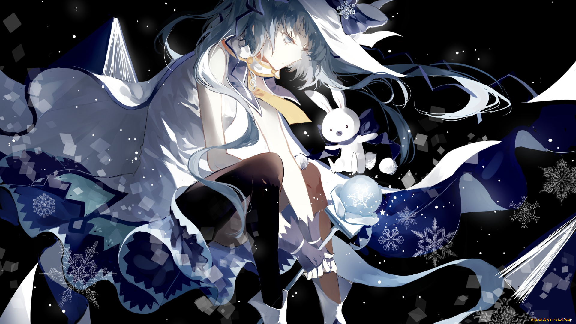 аниме, vocaloid, hatsune, miku, девушка, арт, cui, jidanhaidaitang, кролик, снежинки, yuki