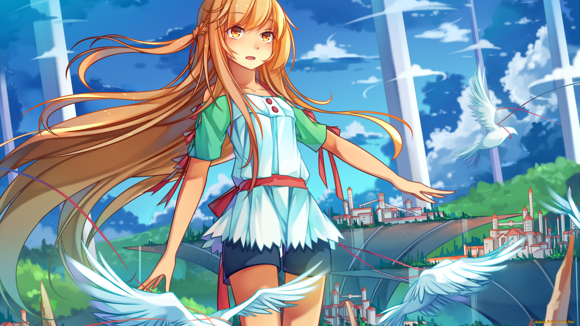 аниме, животные, , существа, девушка, взгляд, фон, птицы, небо