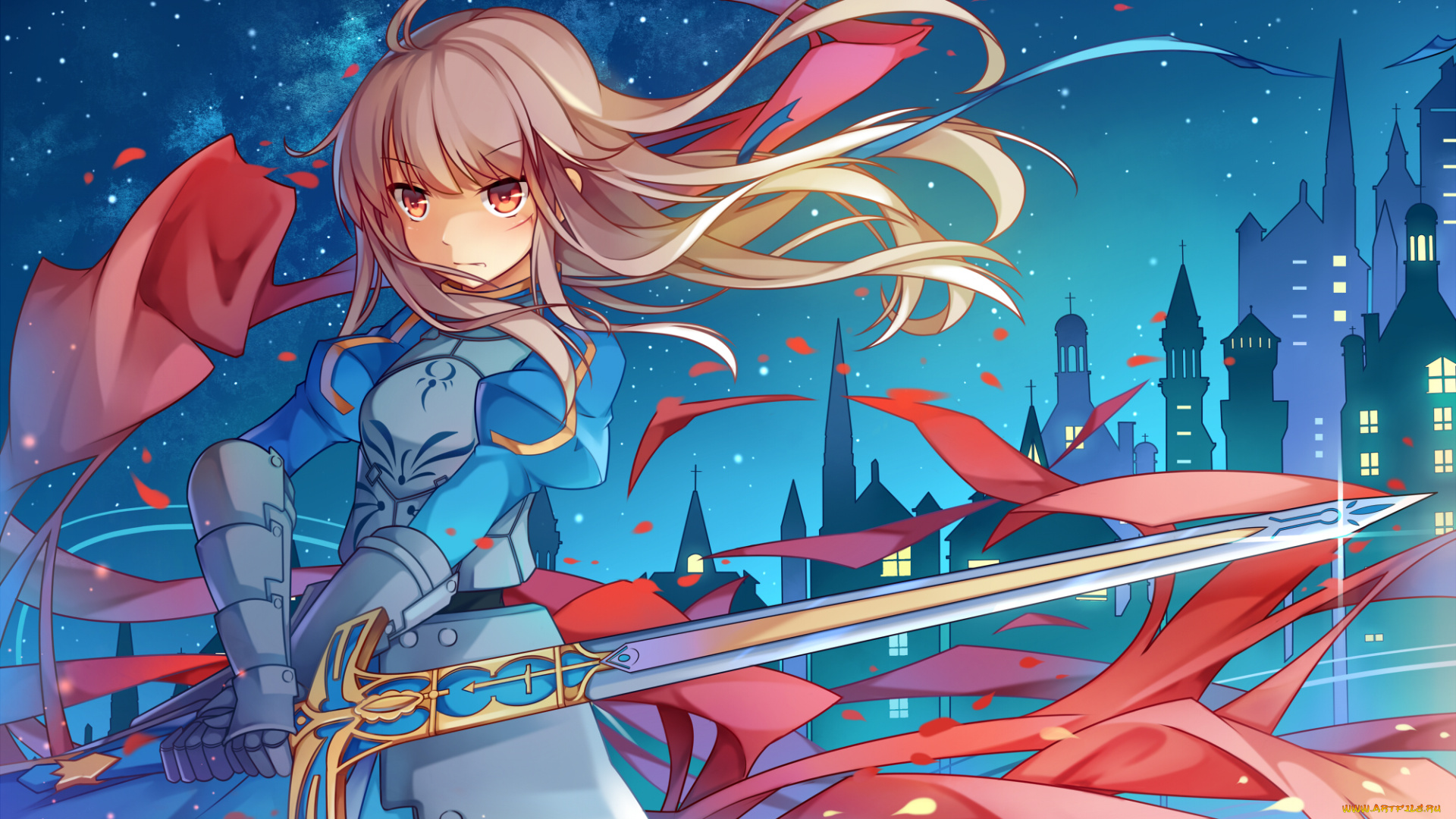 fate, zero, аниме, девушка, взгляд, фон, оружие, город, небо, звезды, saber