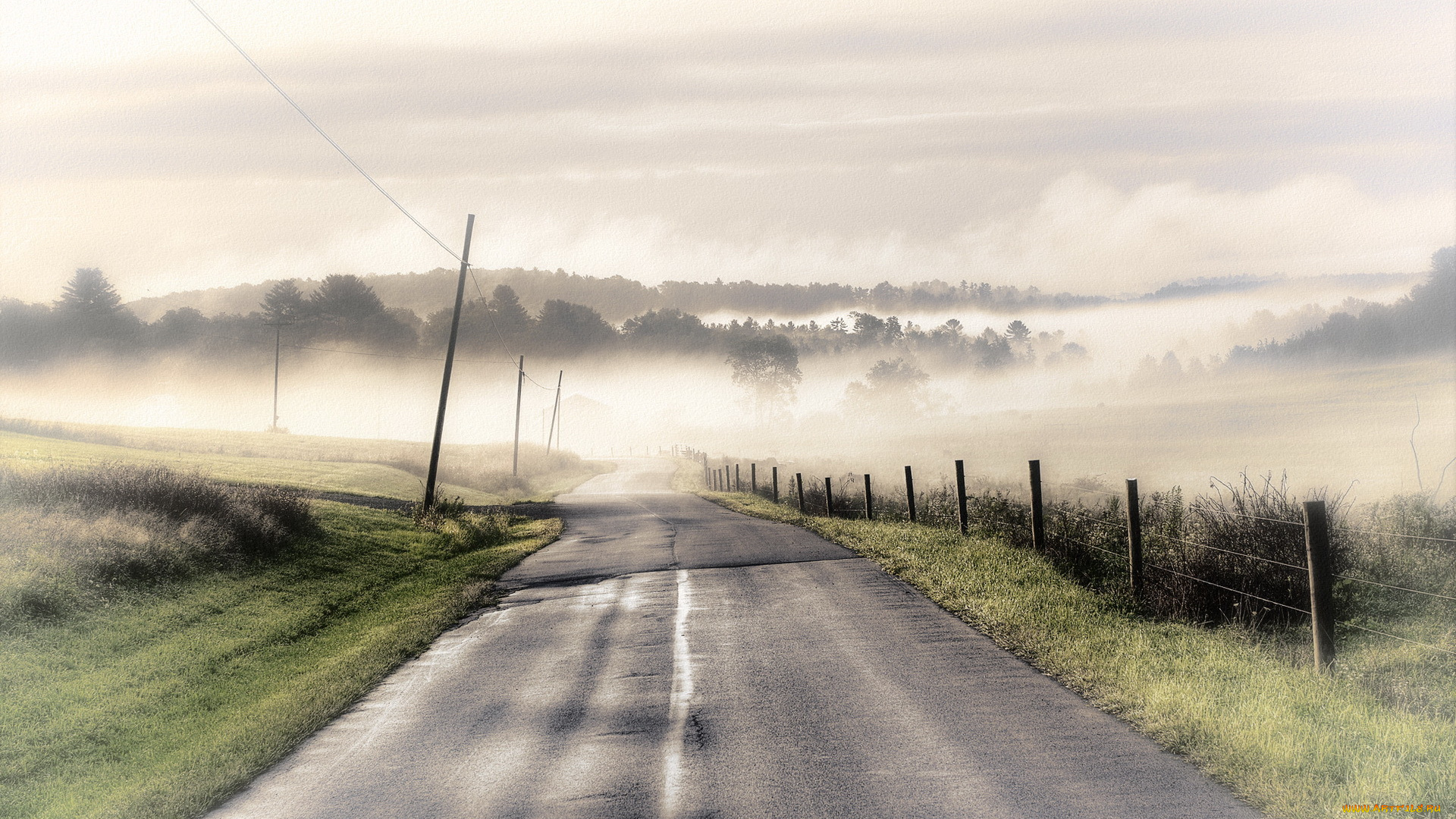 природа, дороги, забор, пейзаж, туман, деревья, дорога