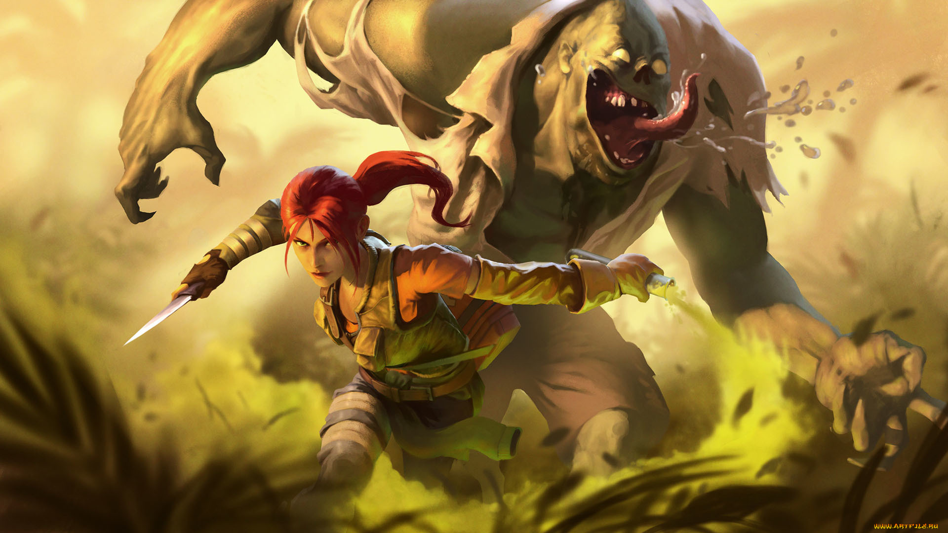 видео, игры, dead, island, giant, knife, химикаты, chemicals, нож, girl, amber, рисунок, epidemic, art, арт, эмбер, dead, island, зомби, zombie, рыжая, redhead, девушка, рывок, charge, dash, слюни, slobber, питомец, pet, гигант