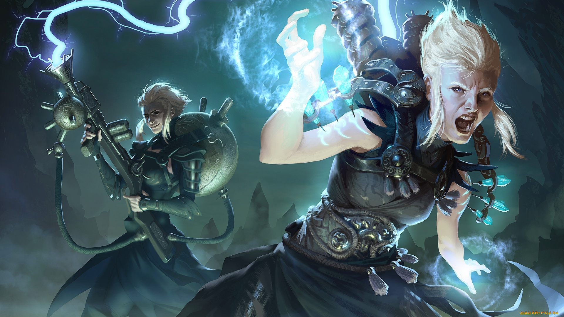 видео, игры, ~~~другое~~~, девушка, by, mc-the-lane, ружье, girl, dragons, of, atlantis, молния, rifle, арт, рисунок, art, близнецы, twins, разряд, lightning, thunder, гроза, discharge, фэнтези, fantasy, техномаг, technomage, наука, science, магия, magic