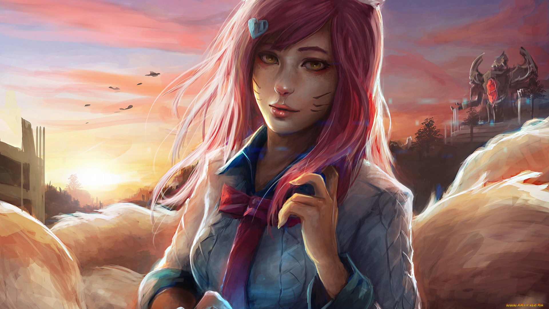 видео, игры, league, of, legends, ahri, nine-tailed, fox, лиса, ушки, девушка, рубашка, league, of, legends