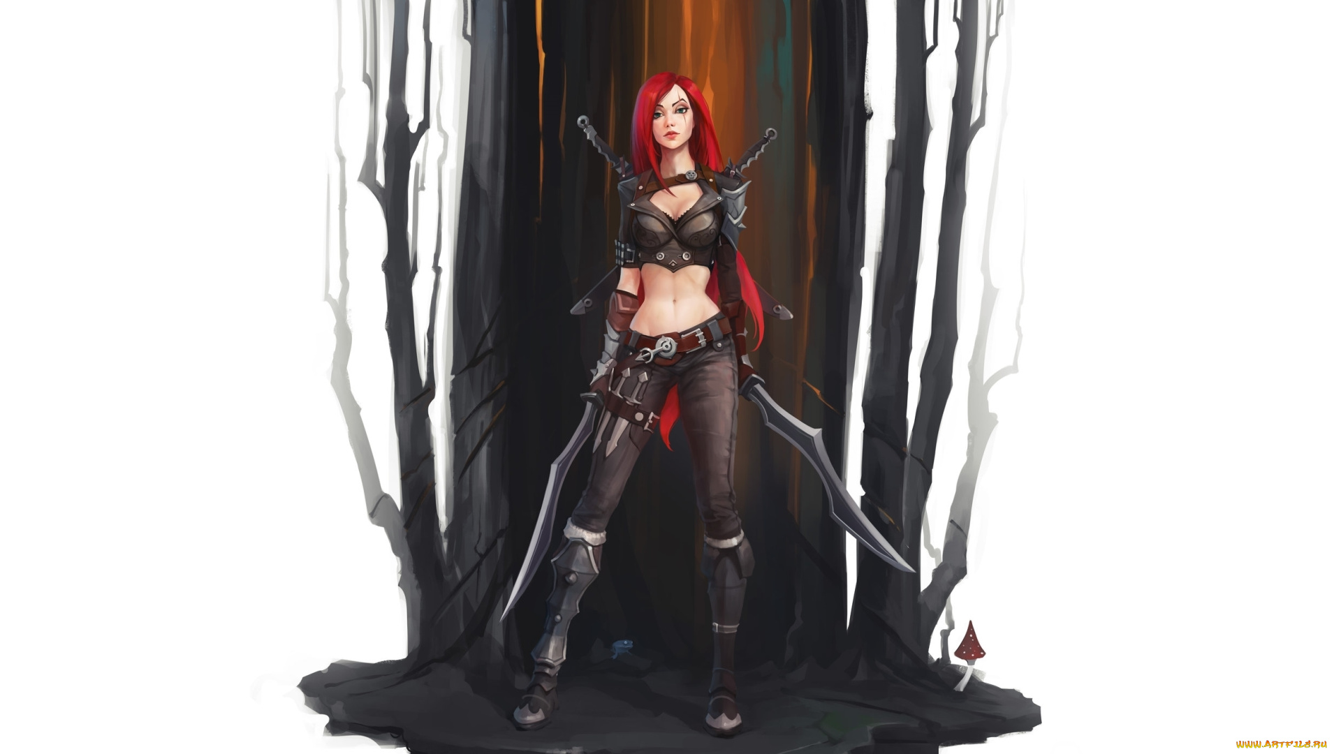 видео, игры, league, of, legends, by, haryarti, рисунок, арт, темный, лес, броня, dark, forest, кожаный, доспех, art, league, of, legends, redhead, девушка, girl, катарина, katarina, фанарт, fanart, фэнтези, fantasy, leather, armor, кинжал, dagger, рыжая