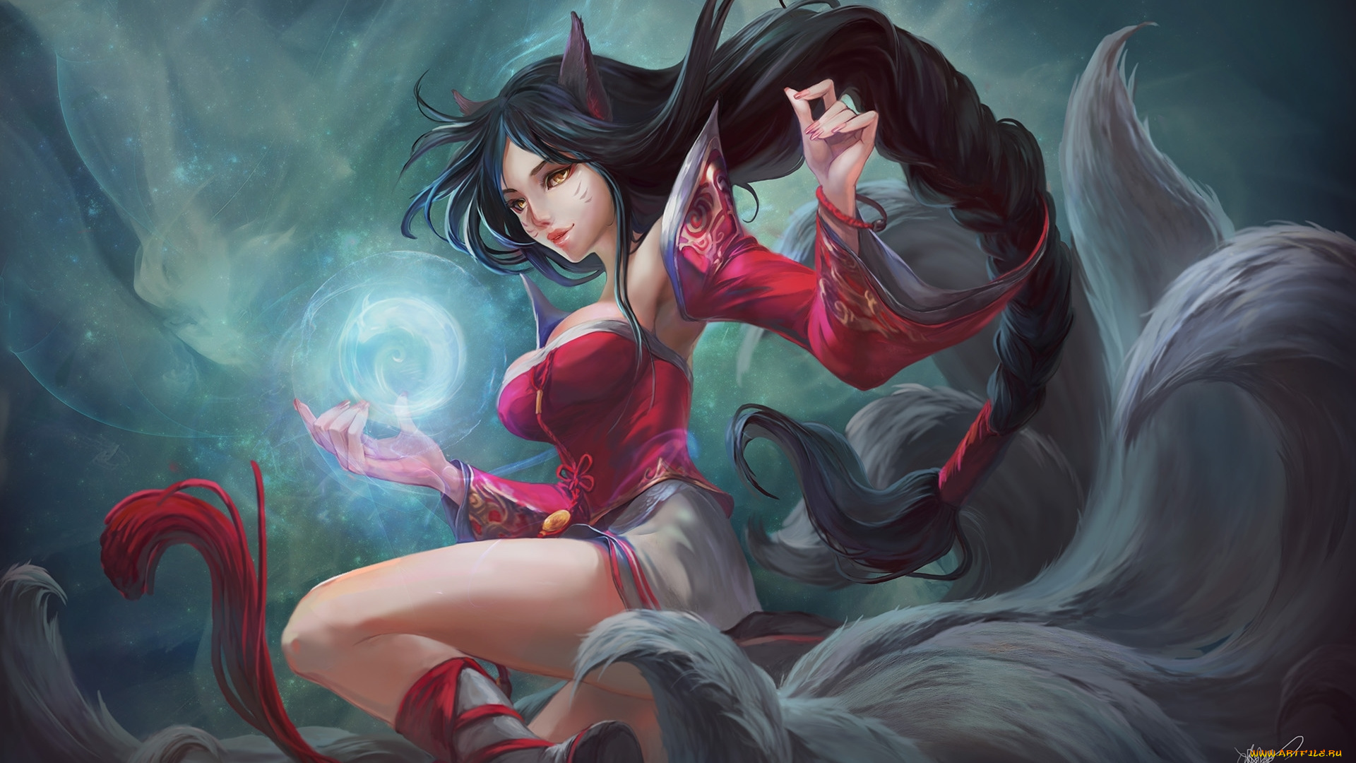 видео, игры, league, of, legends, nine, tailed, fox, art, league, of, legends, кицуне, девушка, kitsune, ears, girl, ари, коса, фэнтези, ahri, braid, магия, magic, fantasy, фанарт, fanart, рисунок, арт, девятихвостая, лиса, brunette, брюнетка, by, koloromuj, ушки, mimi