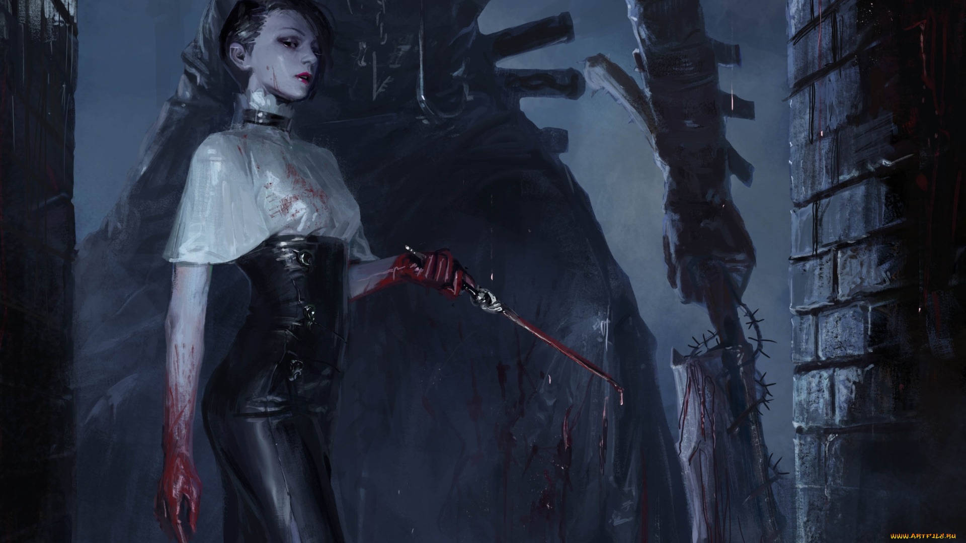 видео, игры, legend, of, the, cryptids, night, готика, gothic, девушка, girl, by, totorrl, dagger, кинжал, нож, knife, фэнтези, обтягивающее, платье, blood, облегающее, slinky, dress, fantasy, кровь, ночь, рисунок, арт, art, legend, of, the, cryptids