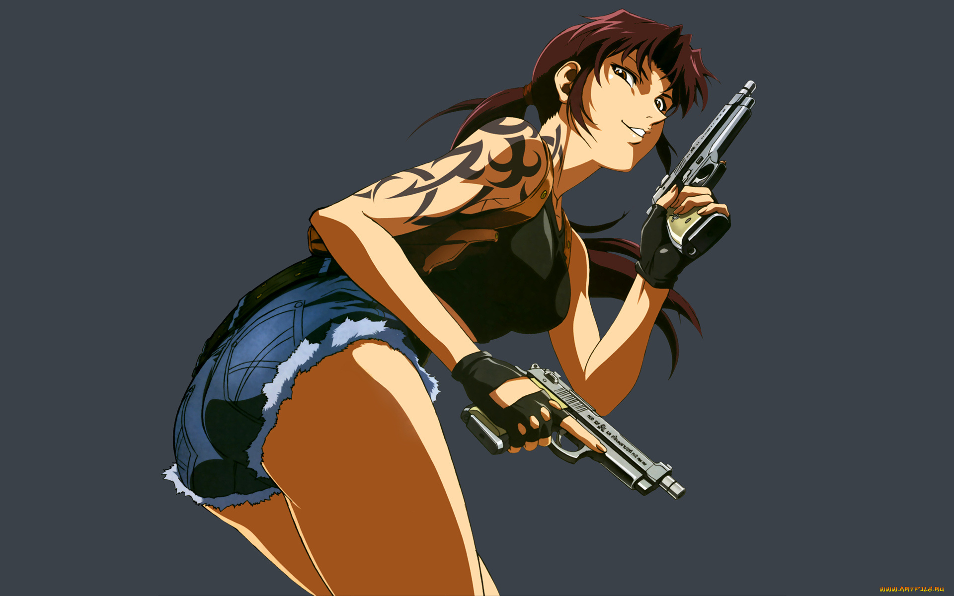 аниме, black, lagoon, тату, шорты, пистолет, revy, пираты, черной, лагуны, black, lagoon