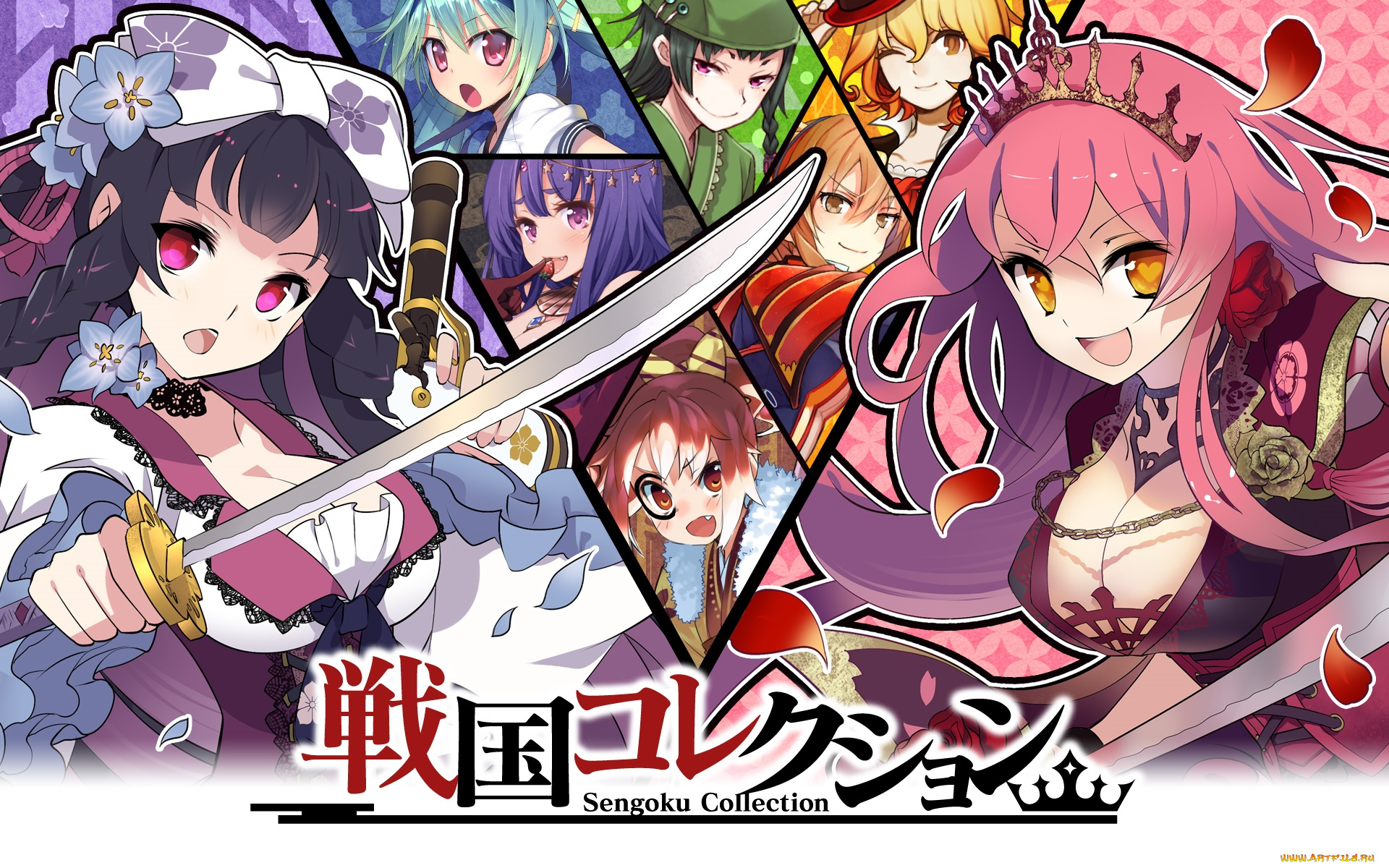 аниме, оружие, , техника, , технологии, девушки, взгляд, цветы, меч, фон