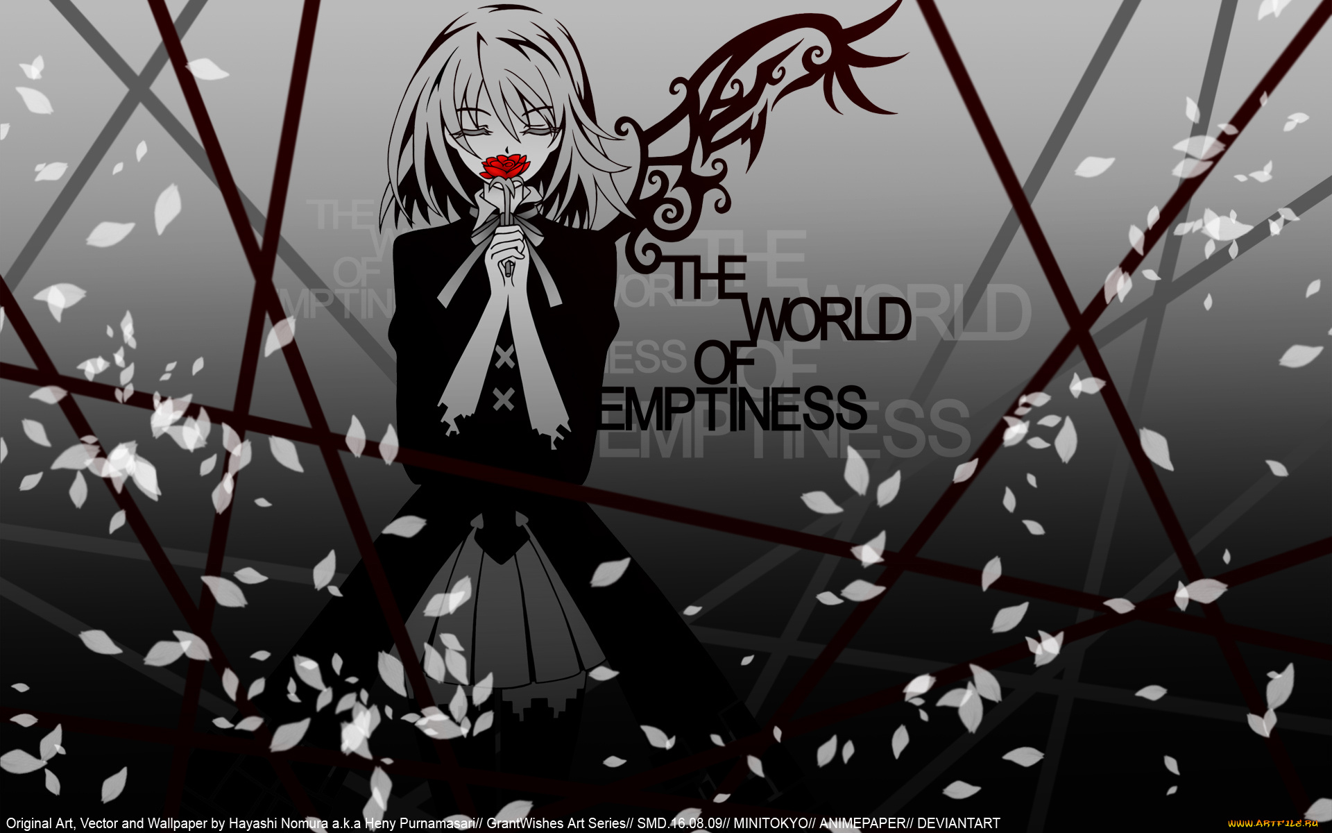 аниме, unknown, , другое, крыло, цветок, векторная, графика, hayashi, nomura, крылья, роза, лепестки, линии, девушка, лента, платье